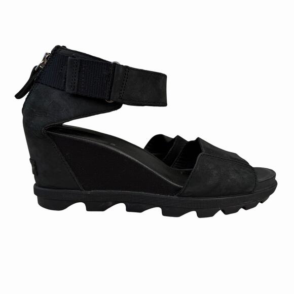 Sorel Joanie II Black Leather Ankle Strap Wedge Sandal Size 9 - Picture 3 of 6